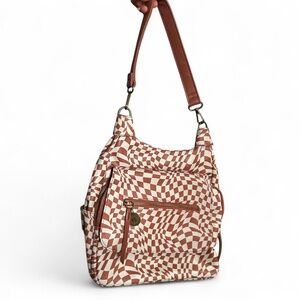 Brown and white swirly checkered shoulder bag with